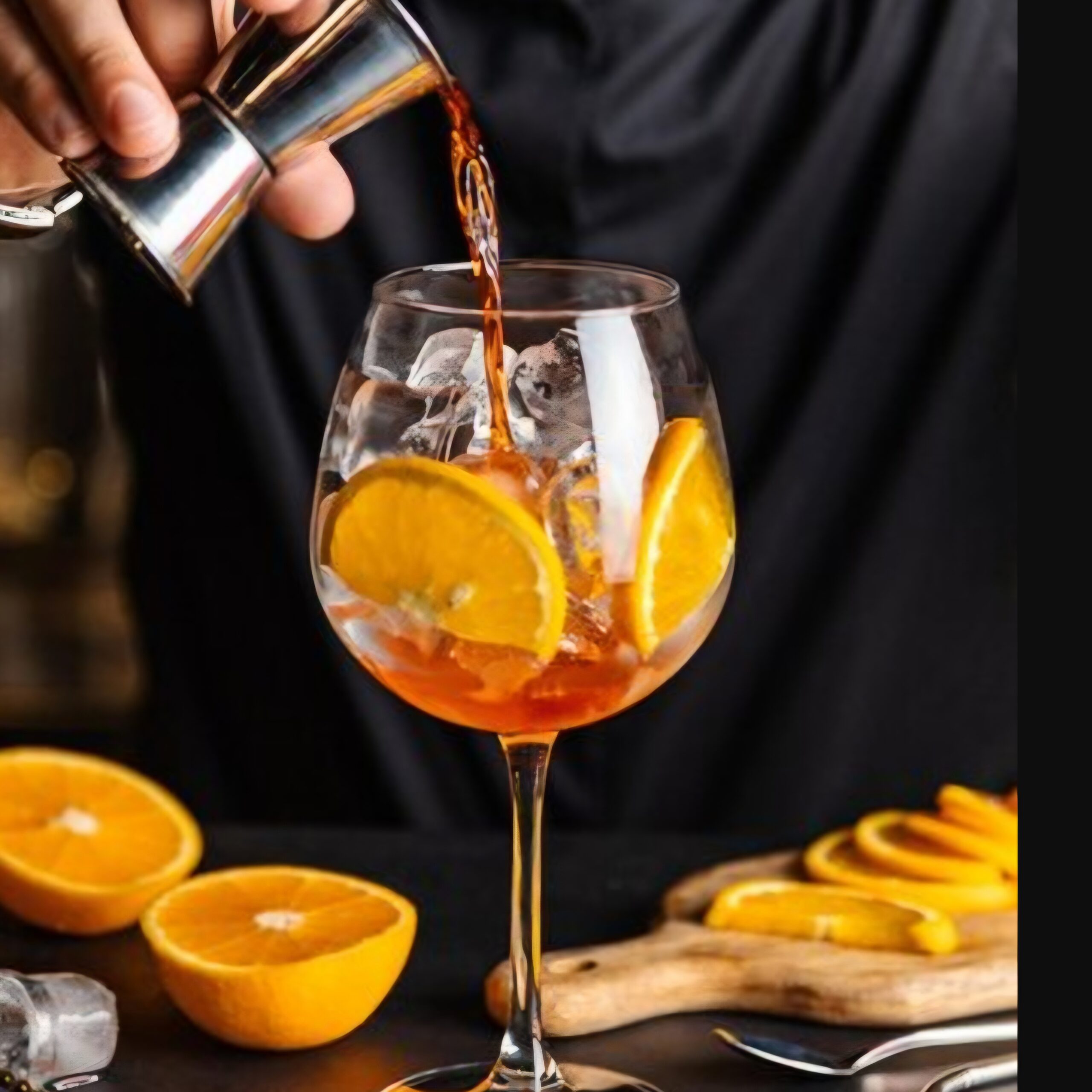 Refreshing Aperol Spritz cocktail being poured over ice and orange slices at The Garden Bar & Kitchen in Kardamena, Kos.