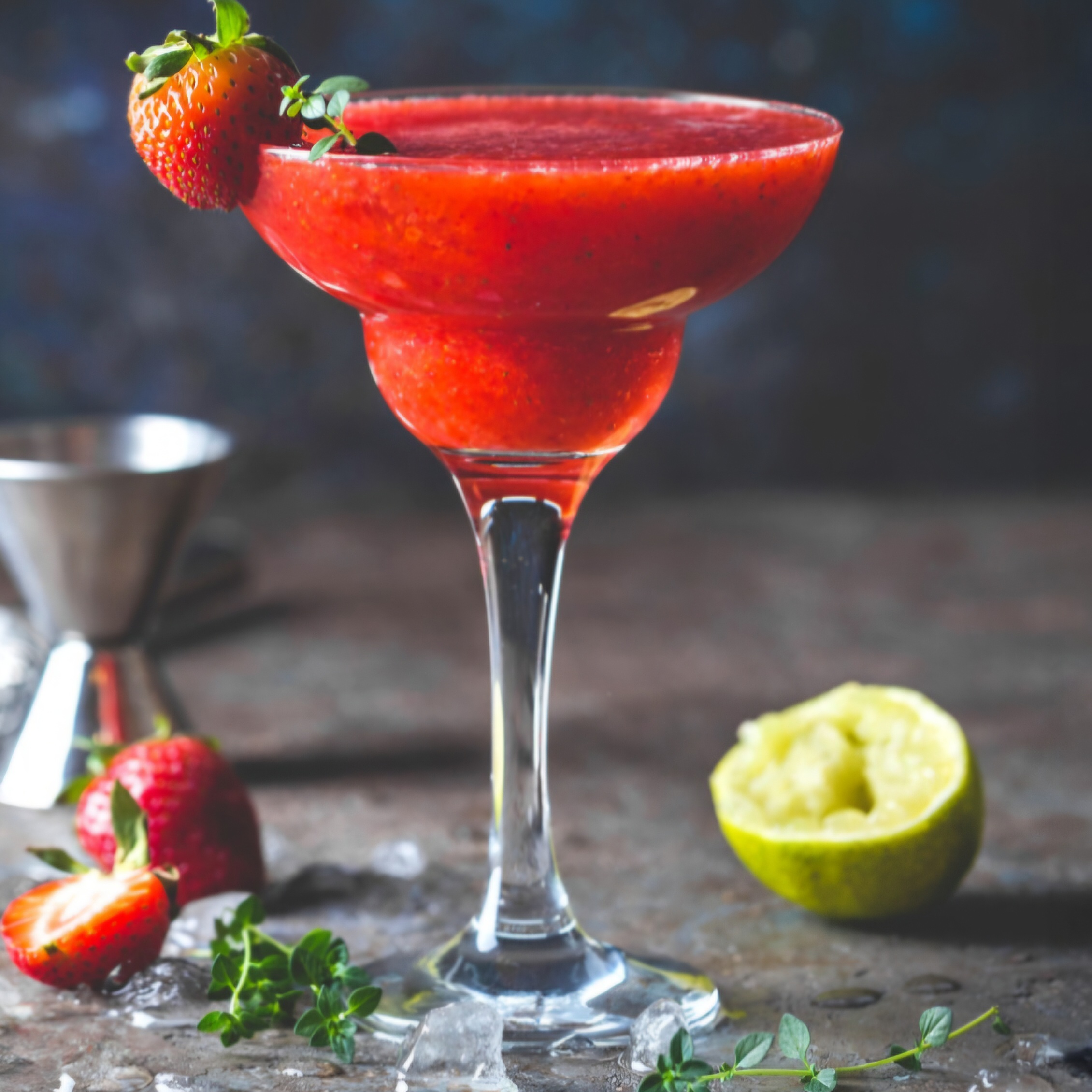 A frozen strawberry daiquiri in a margarita glass garnished with a fresh strawberry and mint sprig, with lime and ice on a rustic table at The Garden Bar & Kitchen.